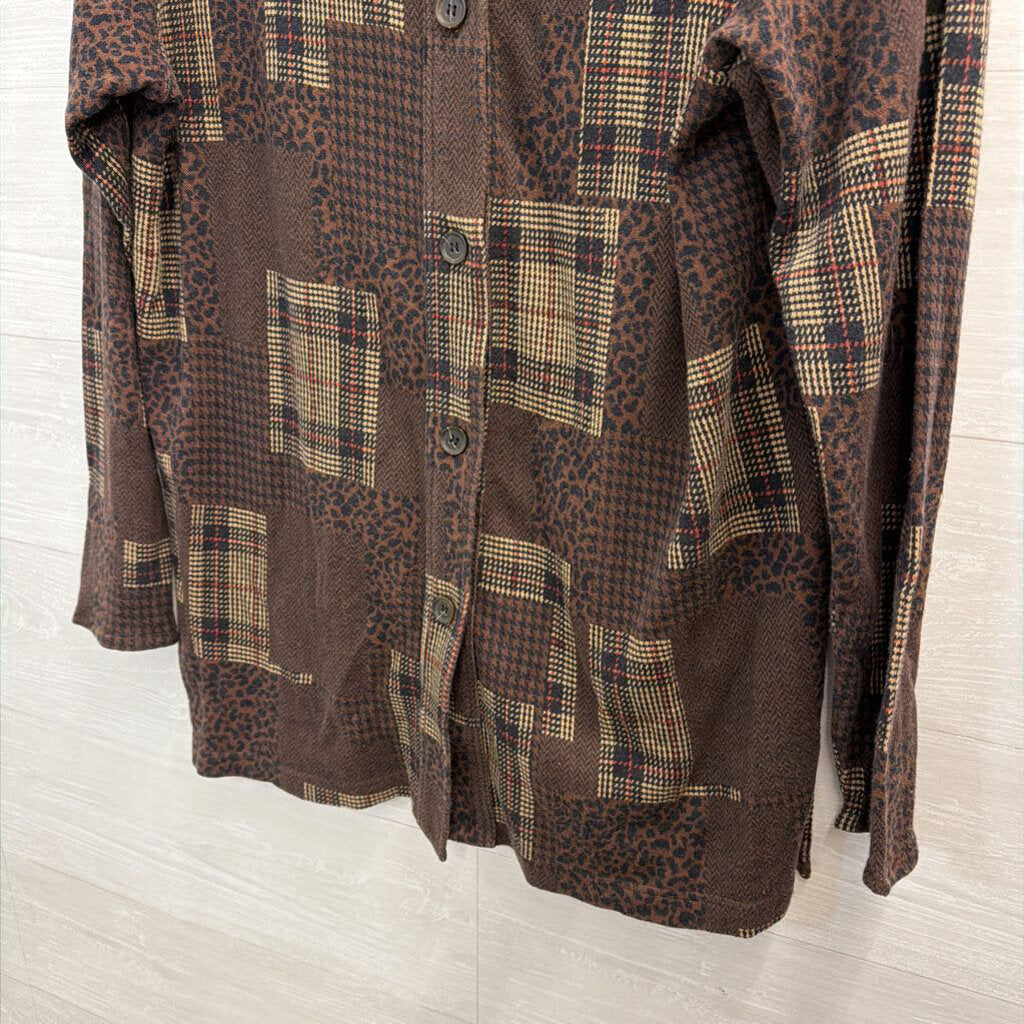 Bechamel Brown Patchwork Print Long Sleeve Button Front Top Large