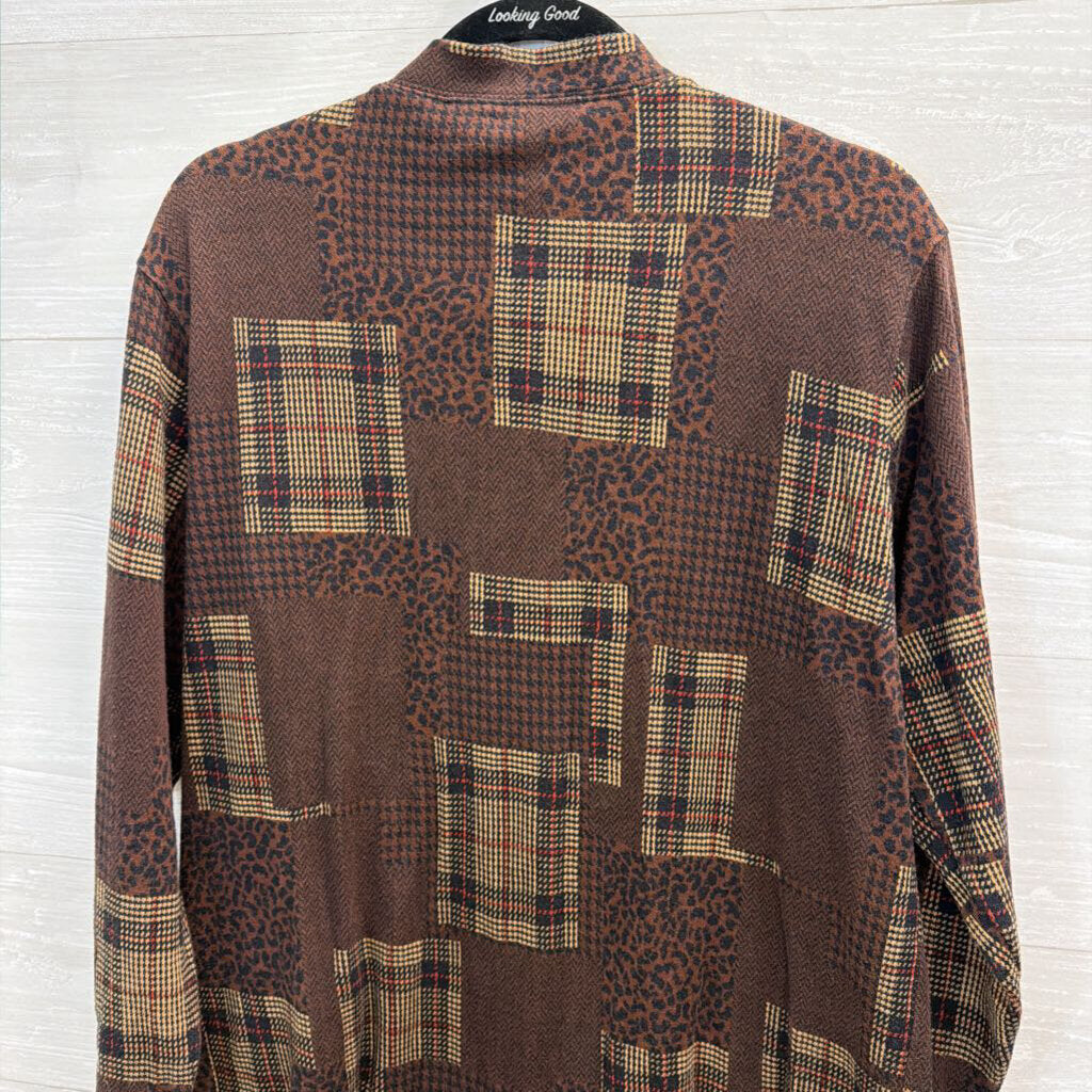 Bechamel Brown Patchwork Print Long Sleeve Button Front Top Large