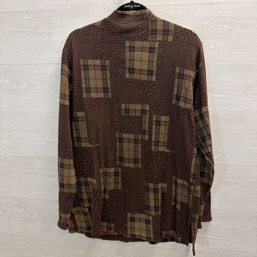 Bechamel Brown Patchwork Print Long Sleeve Button Front Top Large