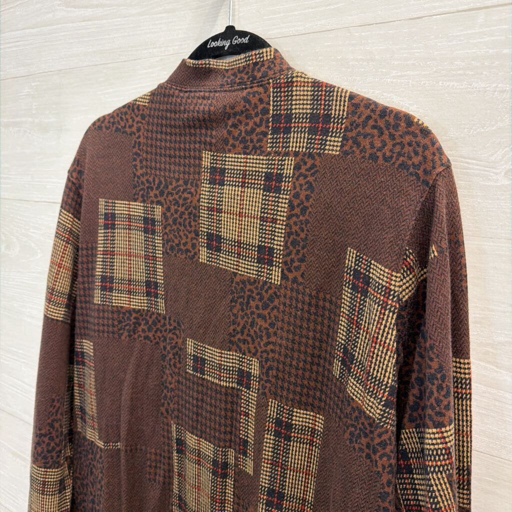 Bechamel Brown Patchwork Print Long Sleeve Button Front Top Large