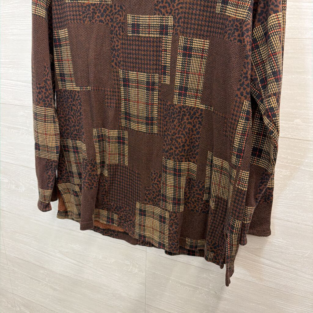 Bechamel Brown Patchwork Print Long Sleeve Button Front Top Large