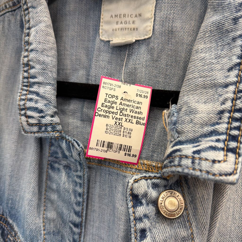 American Eagle Light Wash Cropped Distressed Denim Vest XXL