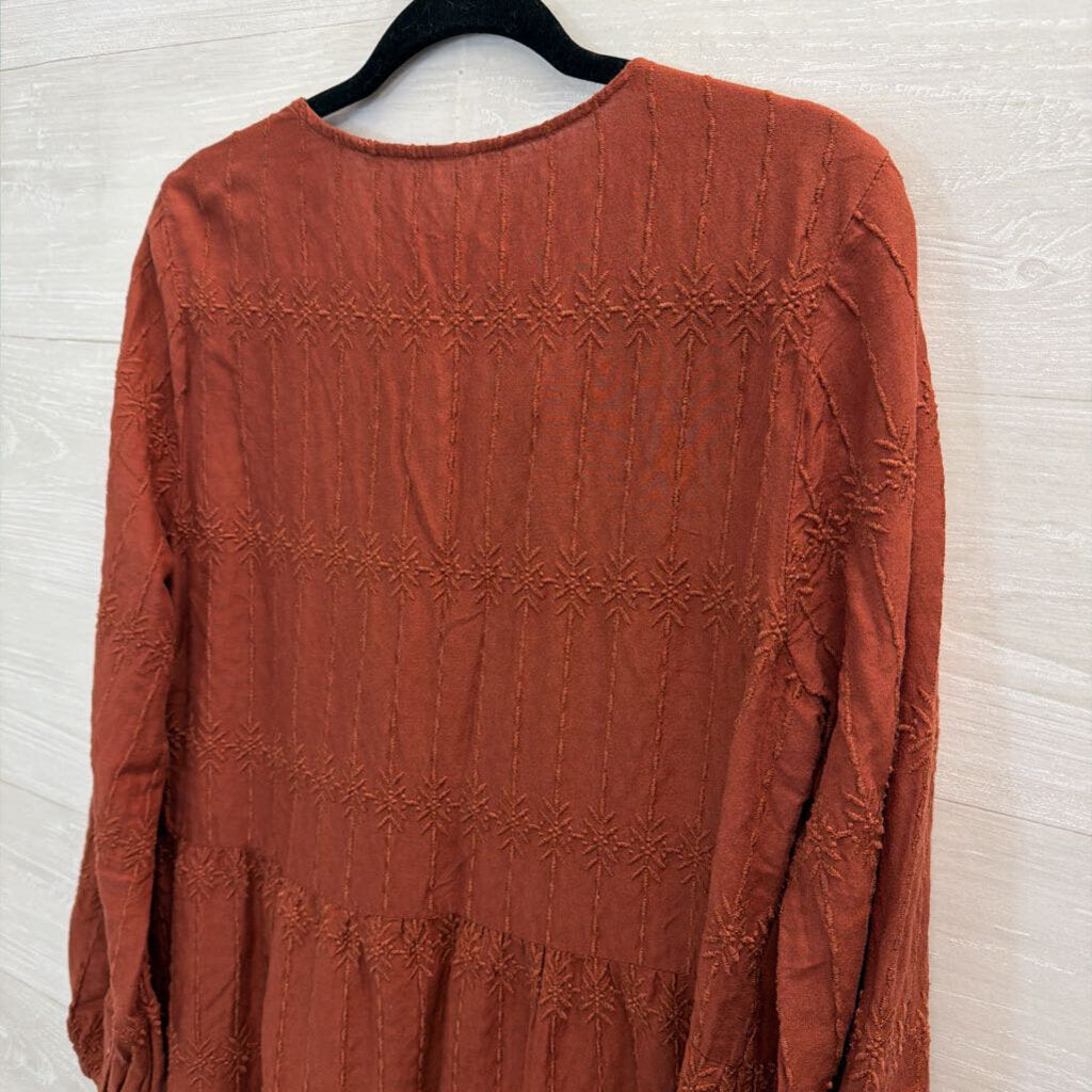 Brown Embroidered Long Sleeve Dress Large