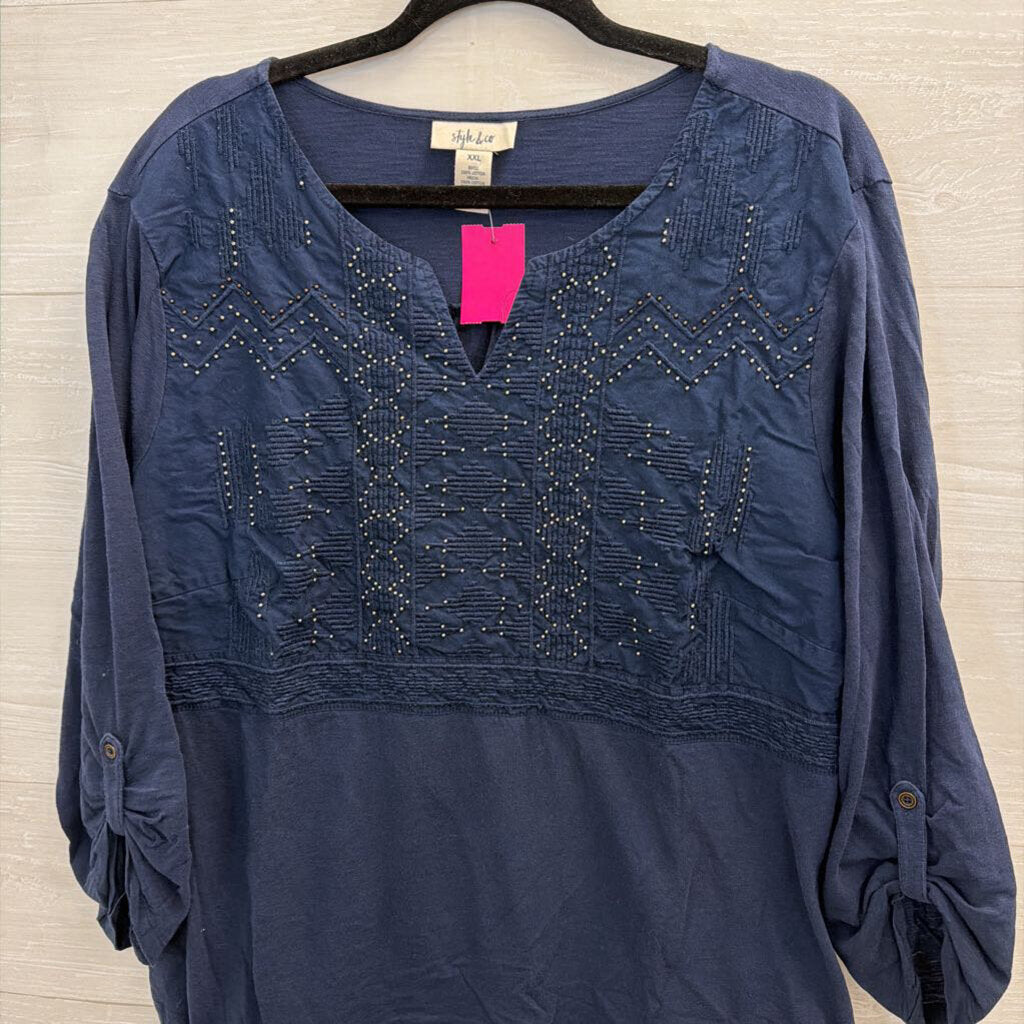 Style and Co Navy/ Silver Long Sleeve Top XXL