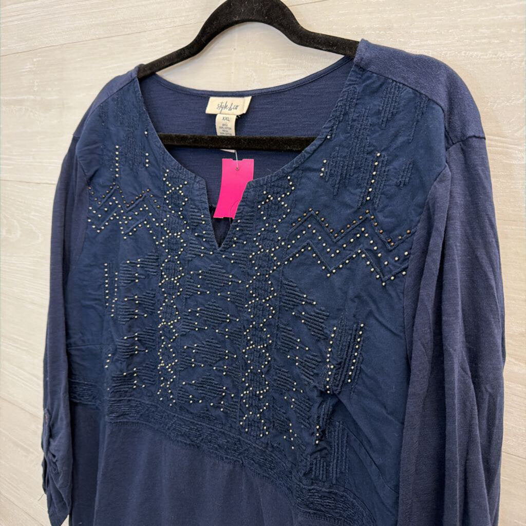 Style and Co Navy/ Silver Long Sleeve Top XXL