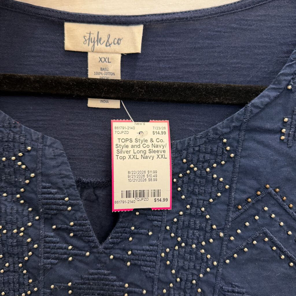 Style and Co Navy/ Silver Long Sleeve Top XXL