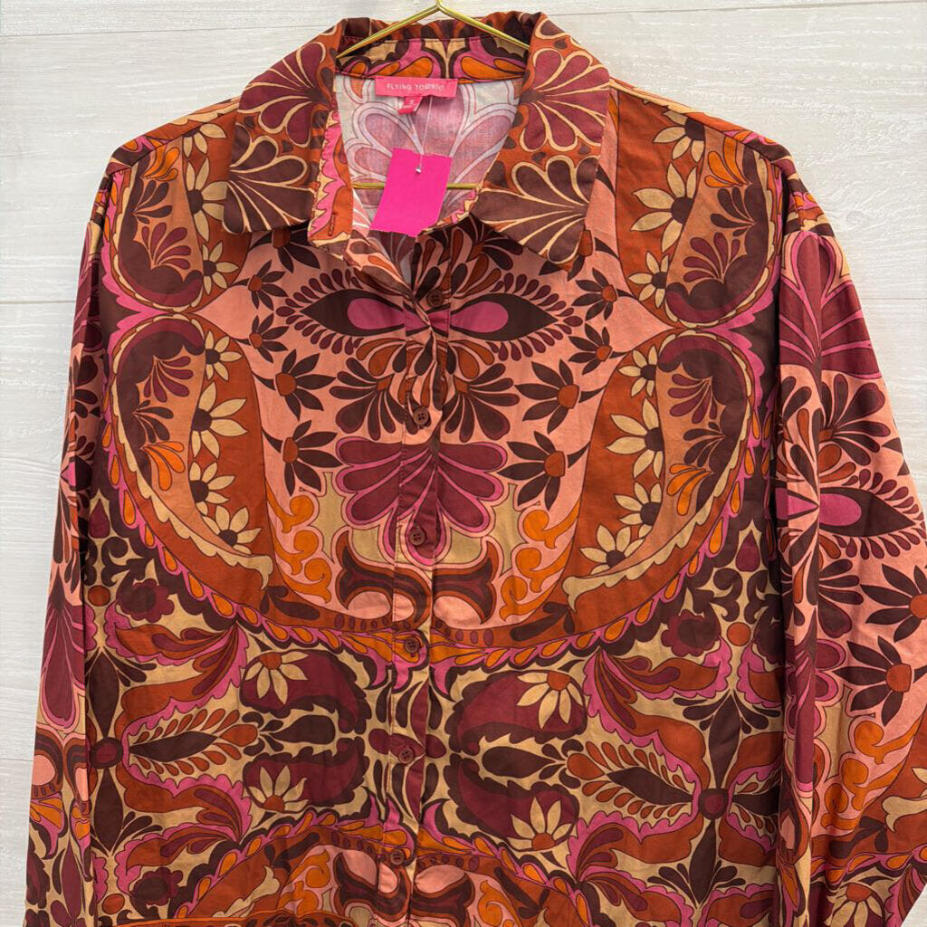 Flying Tomato Orange/ Multi Print Long Sleeve Button Down Top Small