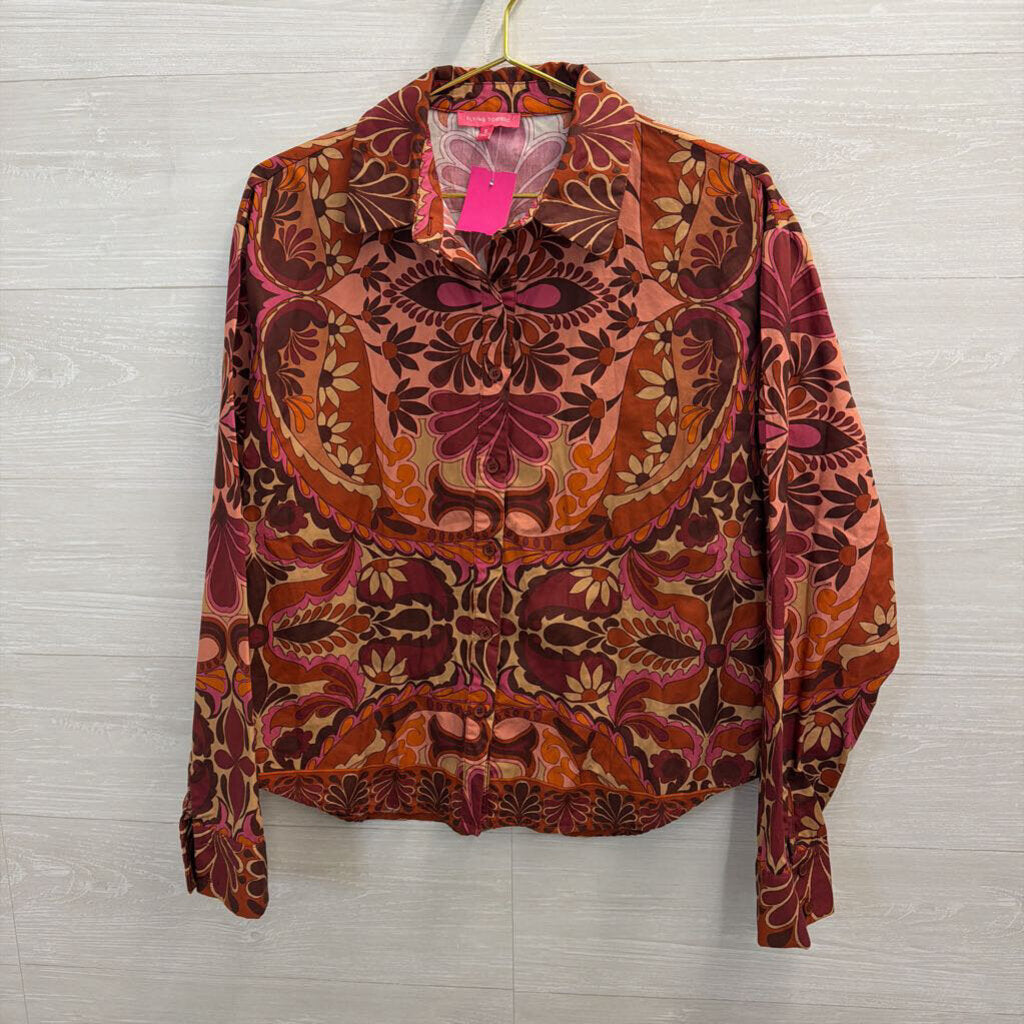 Flying Tomato Orange/ Multi Print Long Sleeve Button Down Top Small