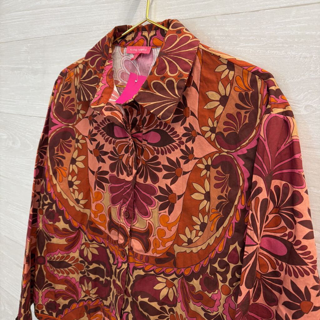 Flying Tomato Orange/ Multi Print Long Sleeve Button Down Top Small