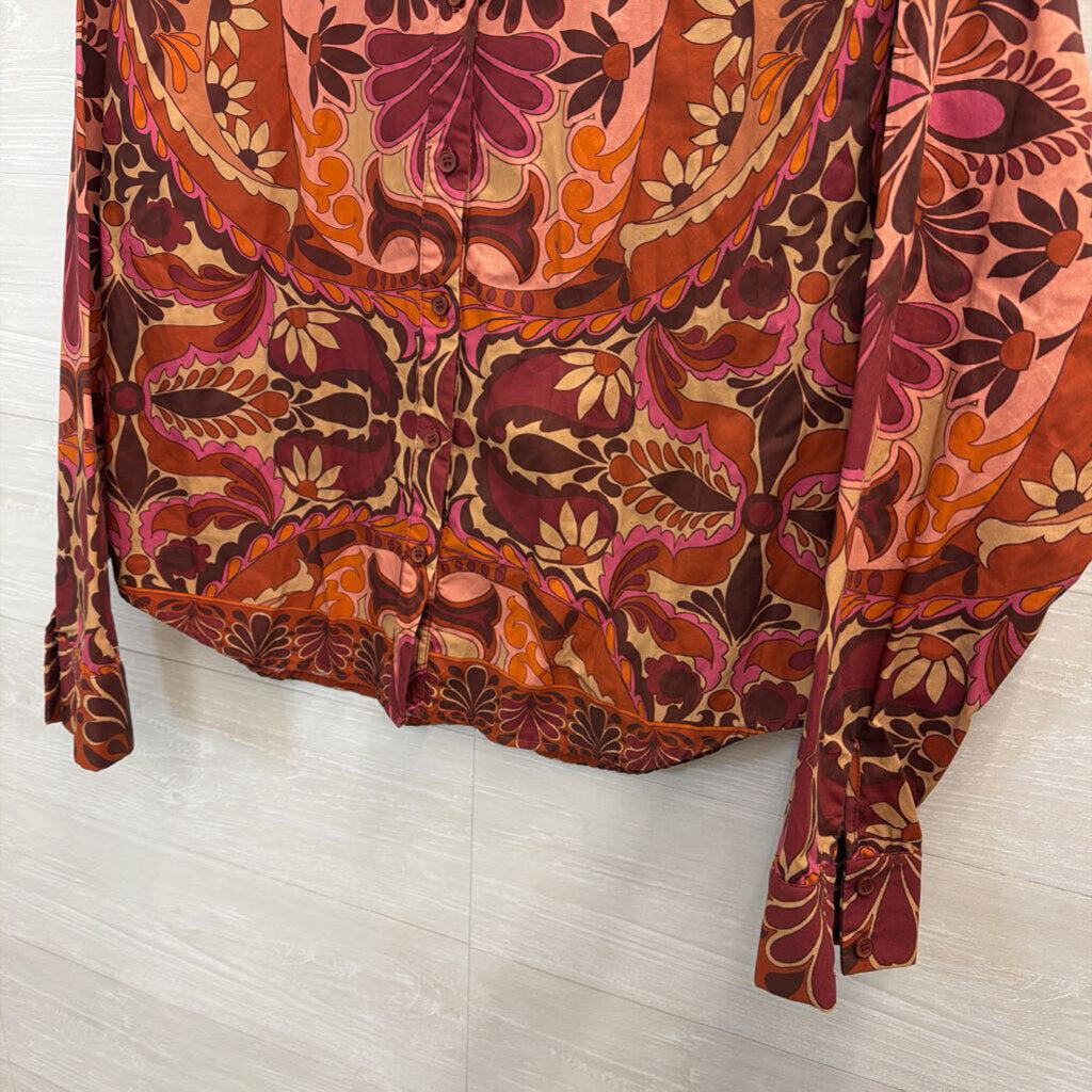 Flying Tomato Orange/ Multi Print Long Sleeve Button Down Top Small