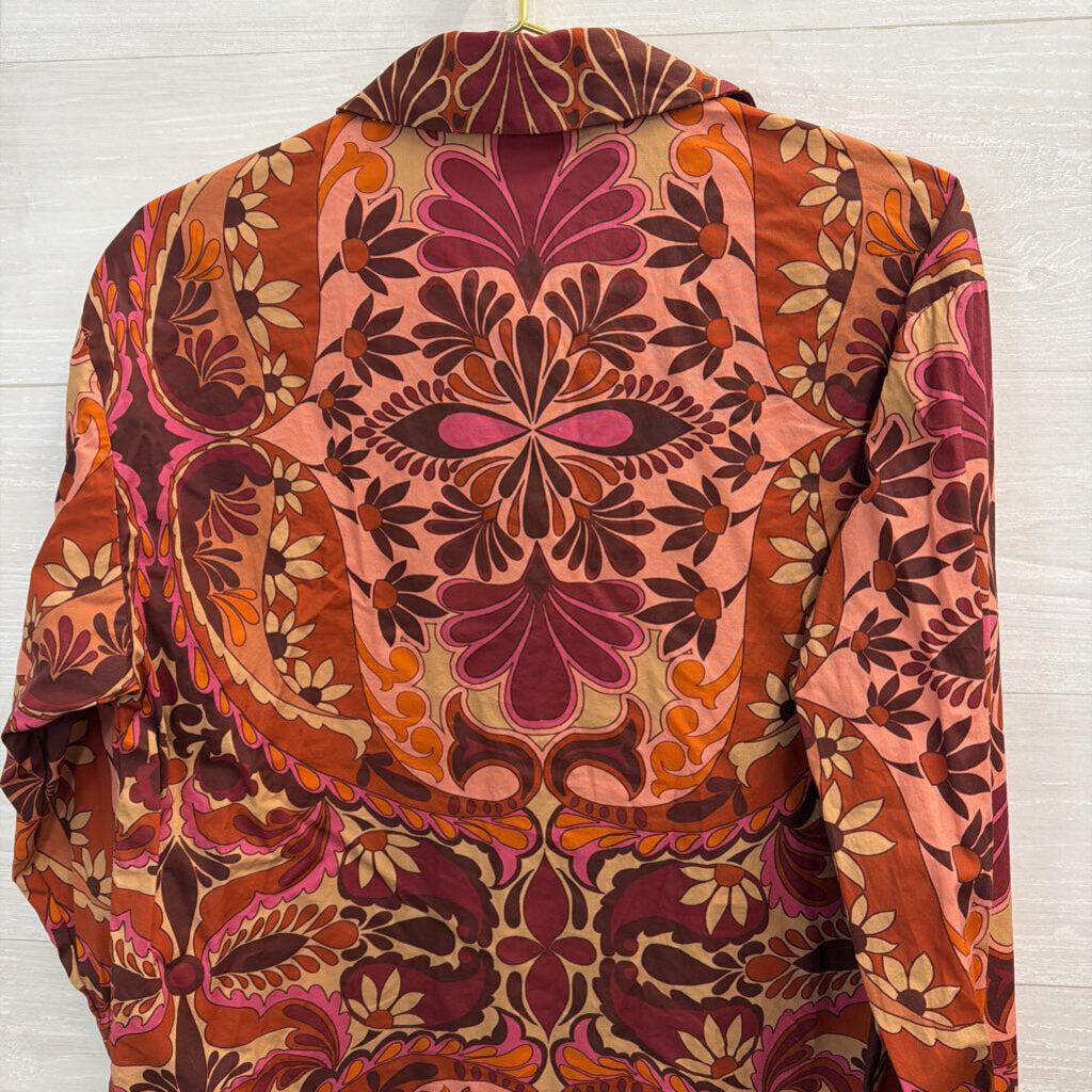 Flying Tomato Orange/ Multi Print Long Sleeve Button Down Top Small