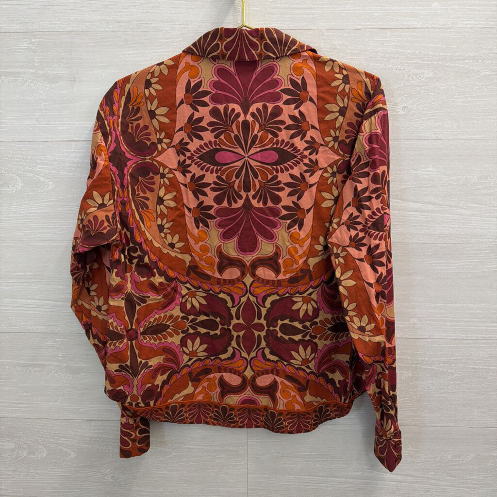 Flying Tomato Orange/ Multi Print Long Sleeve Button Down Top Small