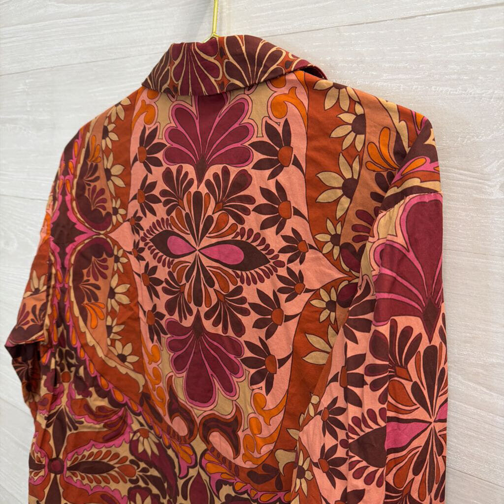 Flying Tomato Orange/ Multi Print Long Sleeve Button Down Top Small