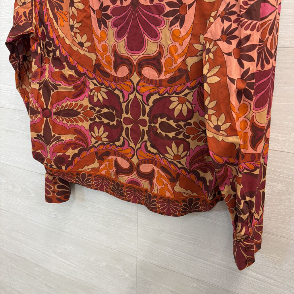 Flying Tomato Orange/ Multi Print Long Sleeve Button Down Top Small
