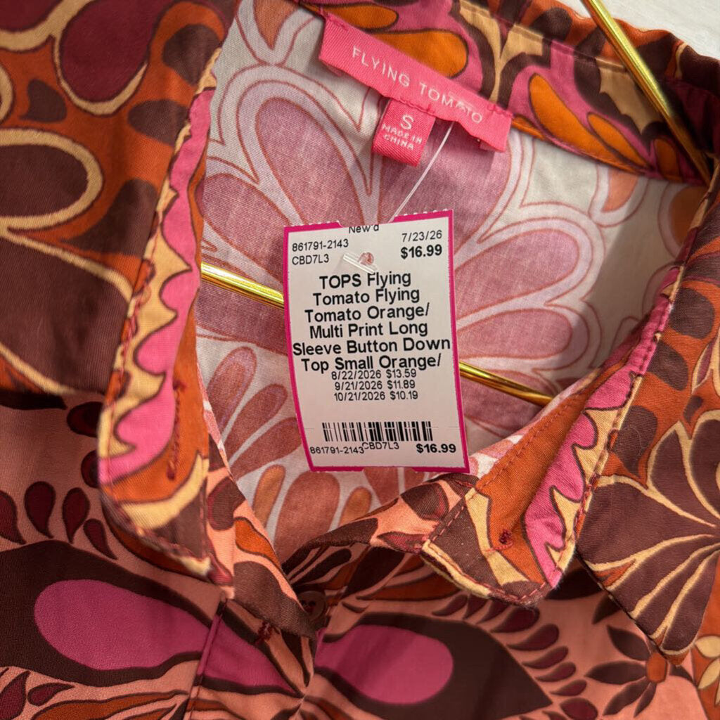 Flying Tomato Orange/ Multi Print Long Sleeve Button Down Top Small