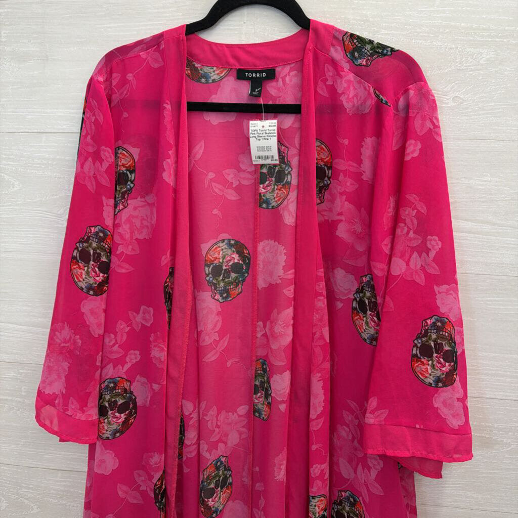 Torrid Pink Floral Skeleton Long Sleeve Kimono Top 1