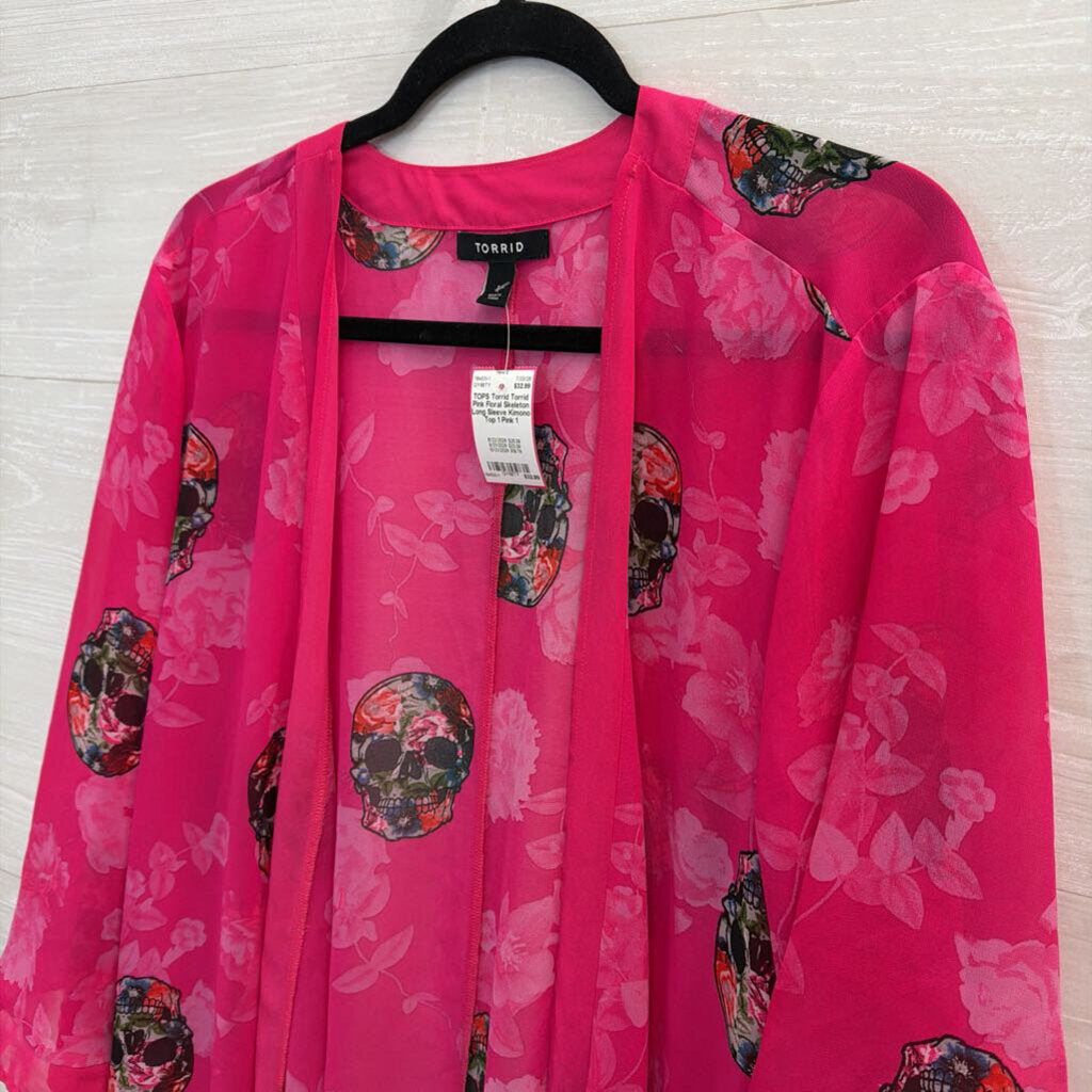 Torrid Pink Floral Skeleton Long Sleeve Kimono Top 1