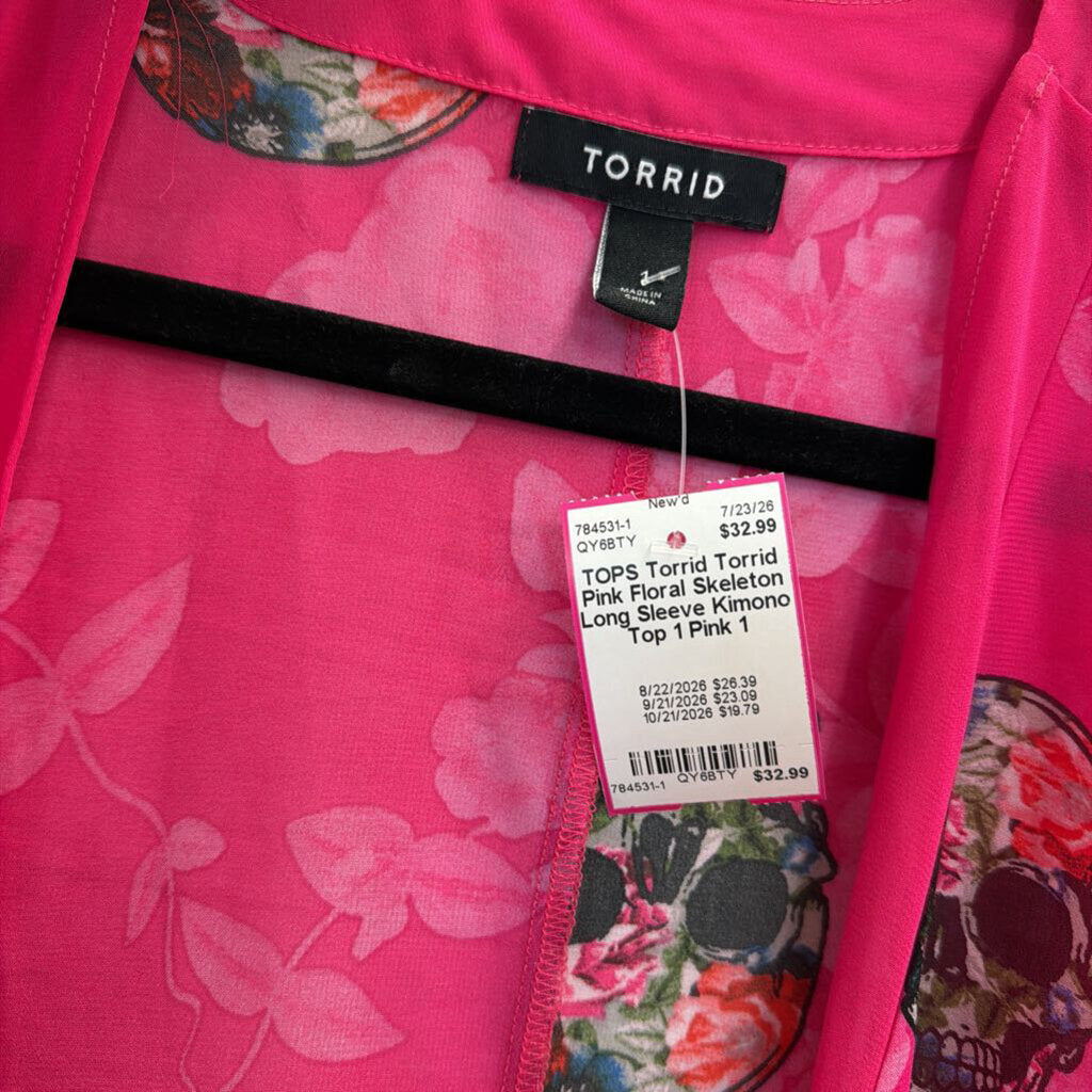 Torrid Pink Floral Skeleton Long Sleeve Kimono Top 1