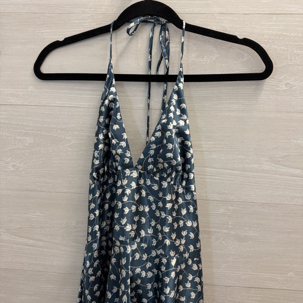 Alyn Paige Blue/ White Silky Floral Print Halter Neck Midi Dress 5/6