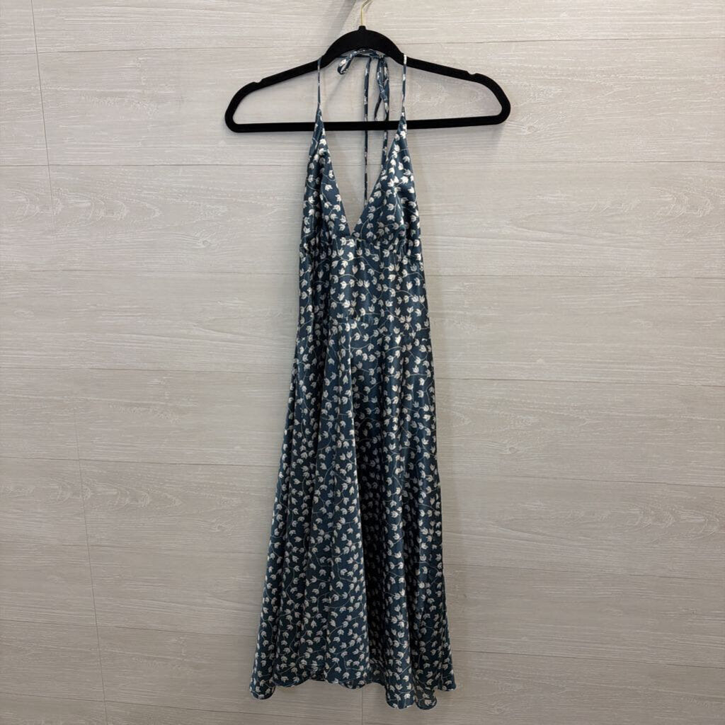 Alyn Paige Blue/ White Silky Floral Print Halter Neck Midi Dress 5/6