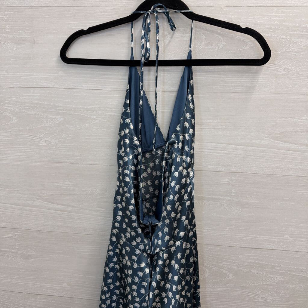 Alyn Paige Blue/ White Silky Floral Print Halter Neck Midi Dress 5/6