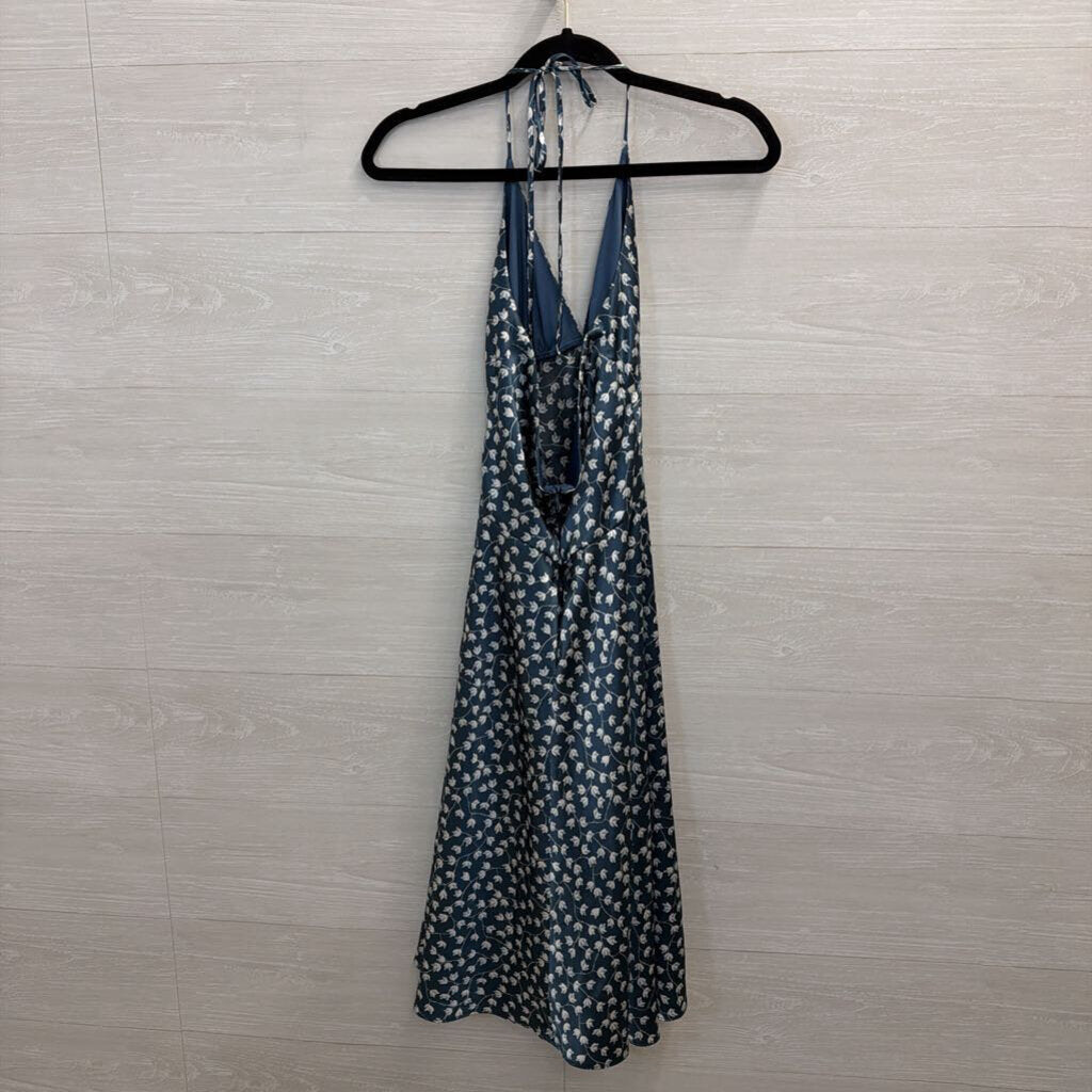 Alyn Paige Blue/ White Silky Floral Print Halter Neck Midi Dress 5/6