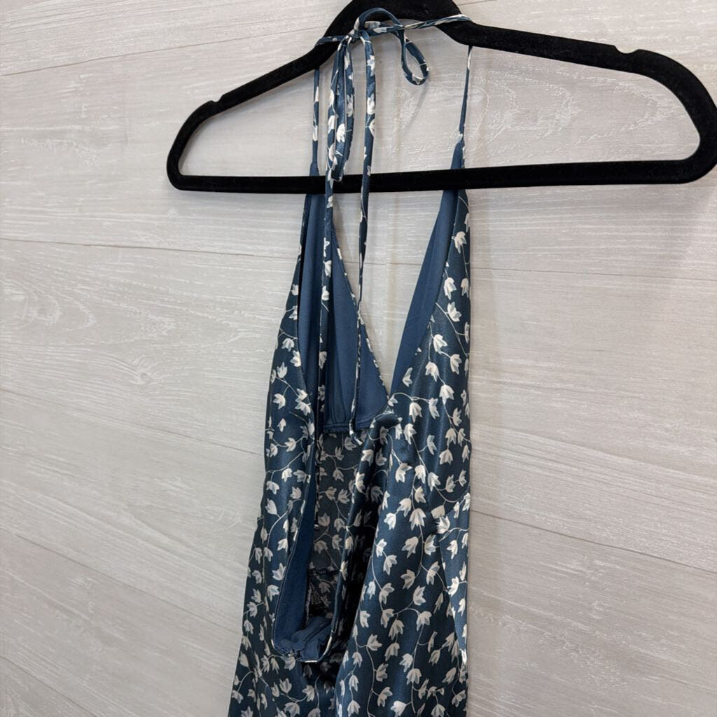 Alyn Paige Blue/ White Silky Floral Print Halter Neck Midi Dress 5/6