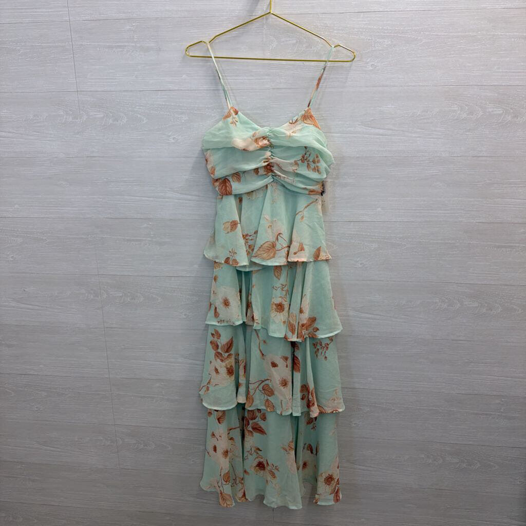 Blue/ Pink Print Tiered Skirt Maxi Dress Small
