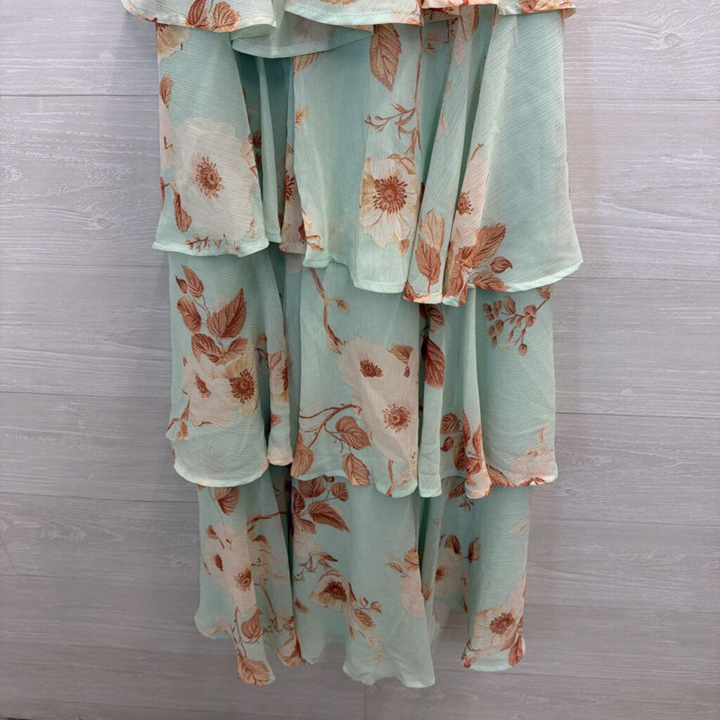 Blue/ Pink Print Tiered Skirt Maxi Dress Small