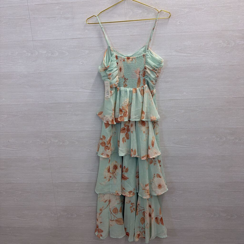 Blue/ Pink Print Tiered Skirt Maxi Dress Small
