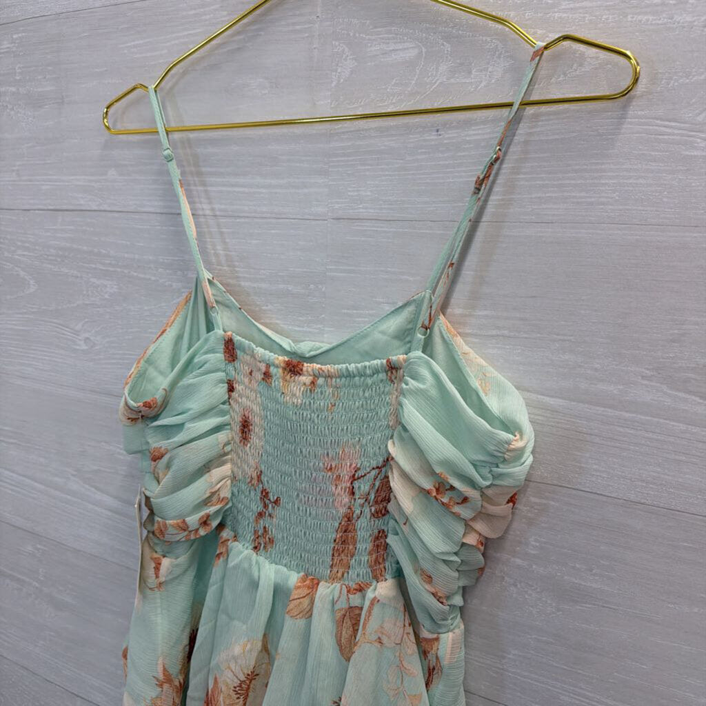 Blue/ Pink Print Tiered Skirt Maxi Dress Small