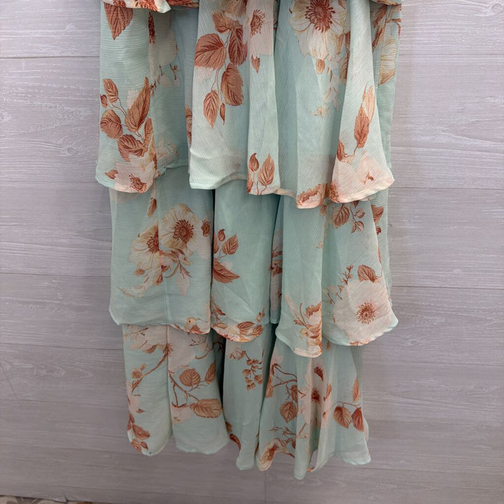 Blue/ Pink Print Tiered Skirt Maxi Dress Small