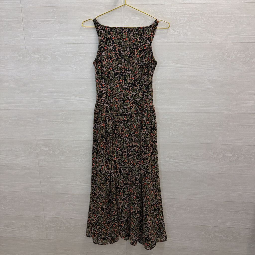Japna Black/ Multi Floral Print High Neck Midi Dress Small
