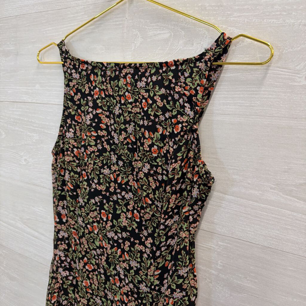 Japna Black/ Multi Floral Print High Neck Midi Dress Small