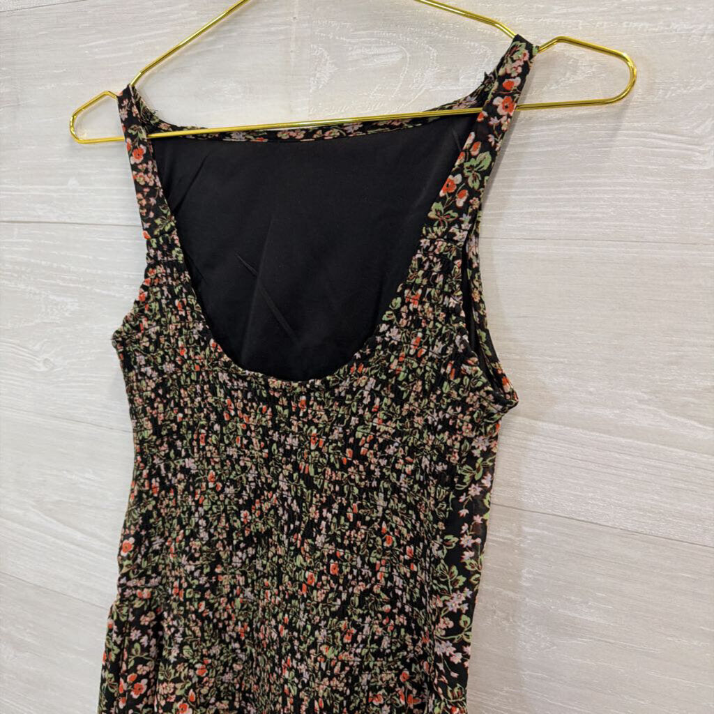 Japna Black/ Multi Floral Print High Neck Midi Dress Small