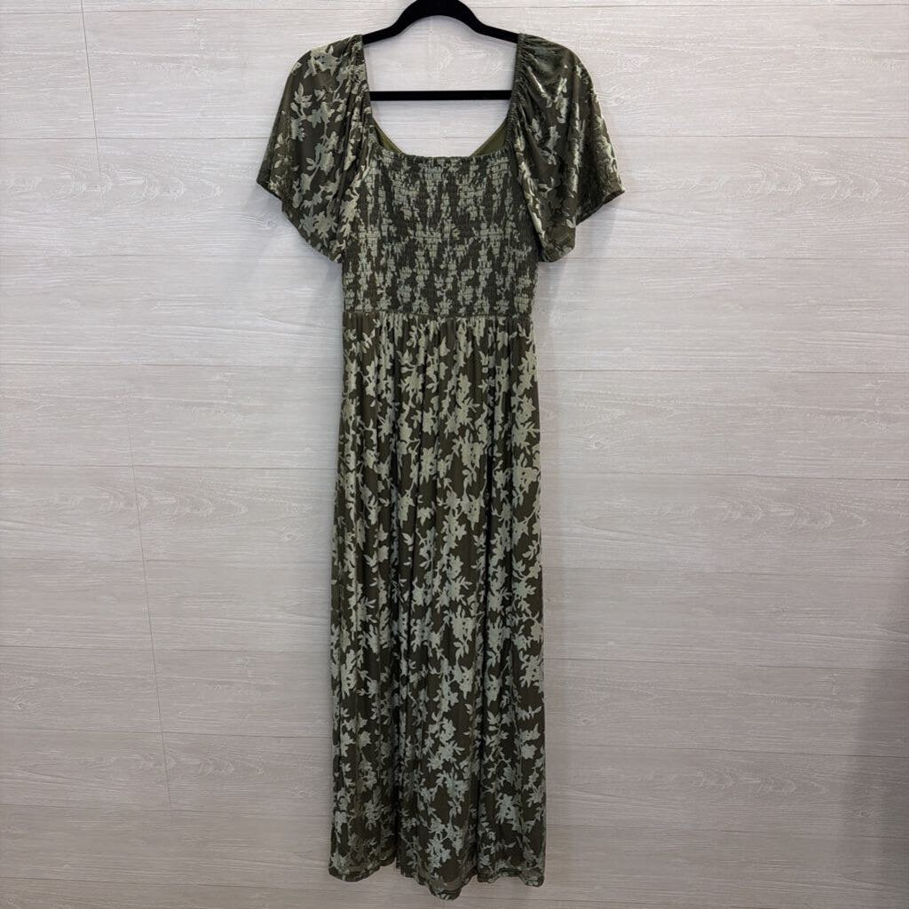 Baltic Born Green Velvet Print Short Flutter Sleeve Maxi Dress Medium