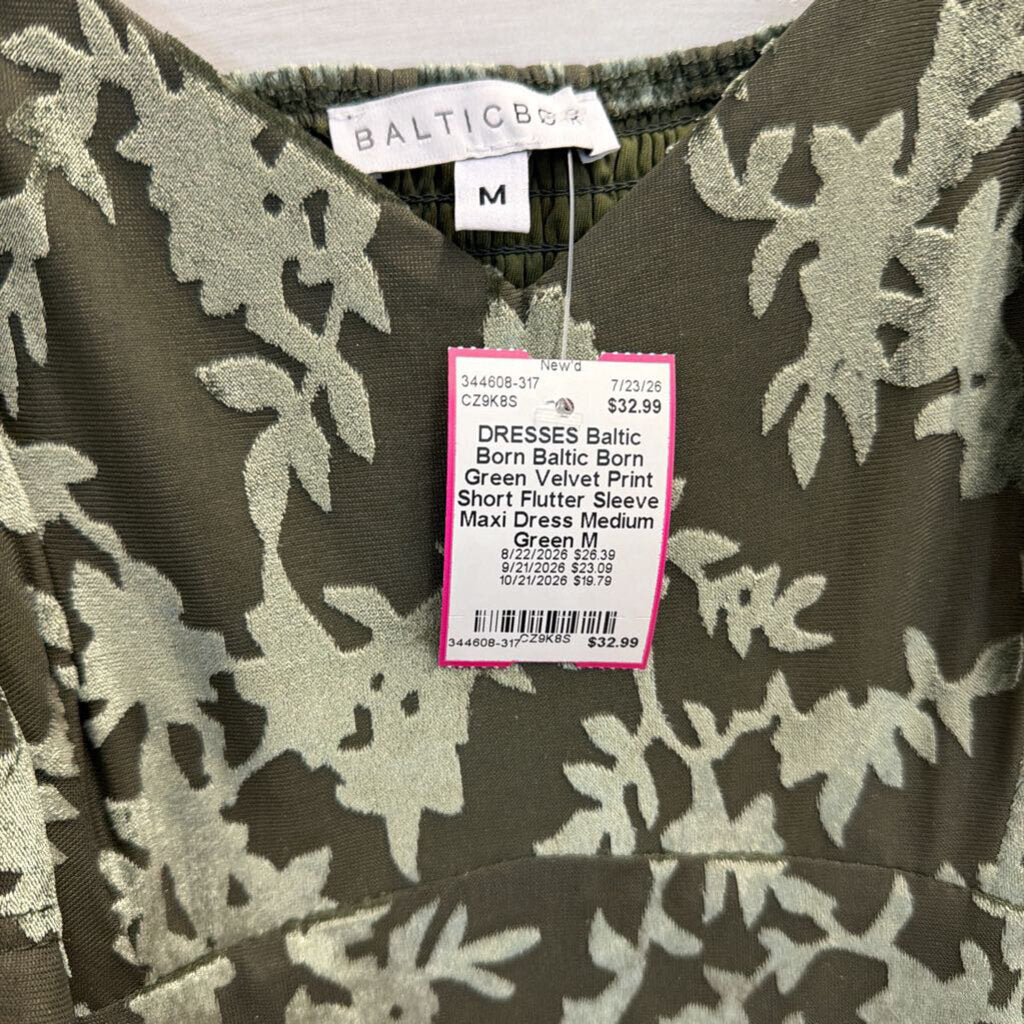 Baltic Born Green Velvet Print Short Flutter Sleeve Maxi Dress Medium