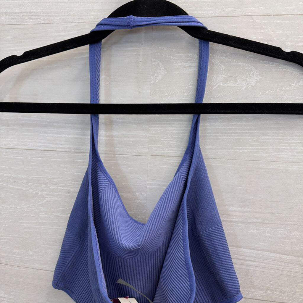 Anthropologie Blue Ribbed Cropped Halter Neck Top Small/ Medium