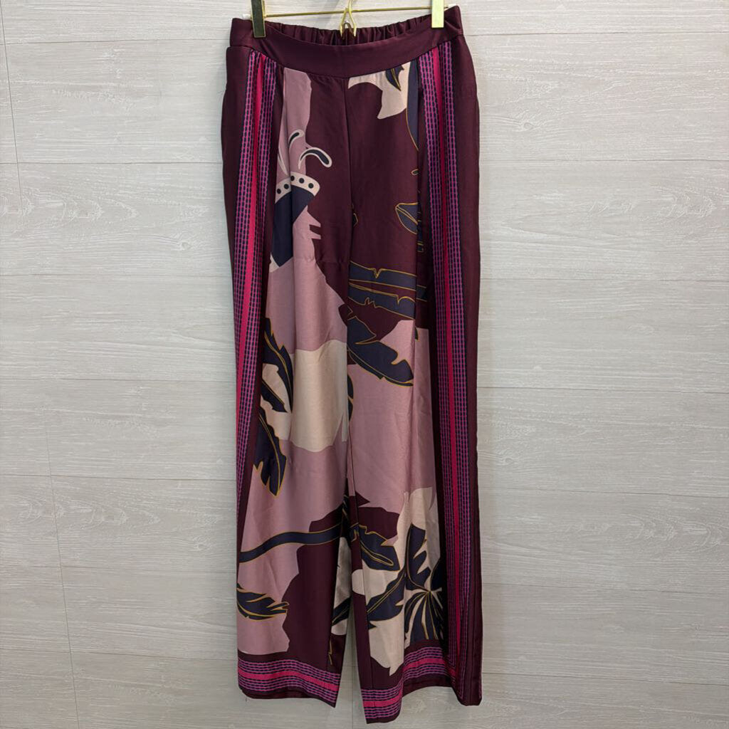 Nine West Purple/ Multi Print Silky Wide Leg Pull On Pants Small
