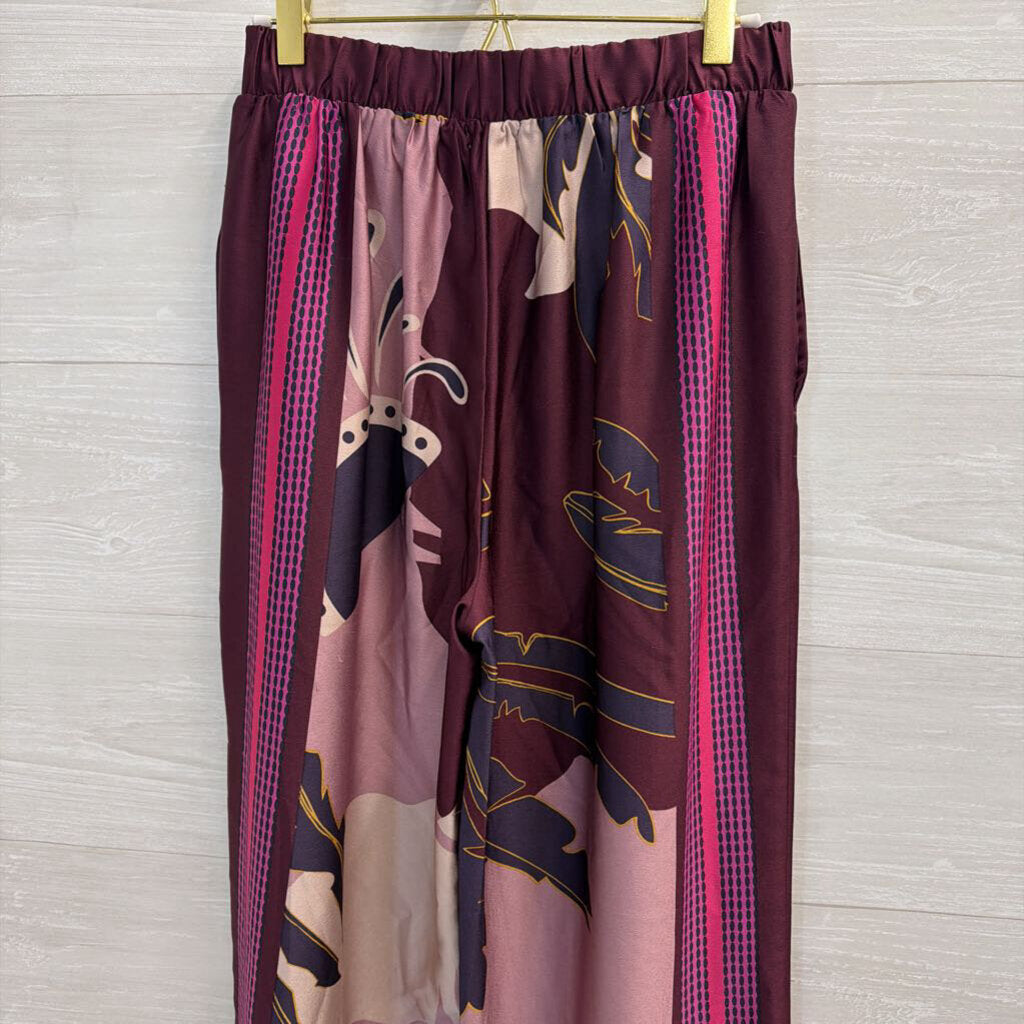 Nine West Purple/ Multi Print Silky Wide Leg Pull On Pants Small