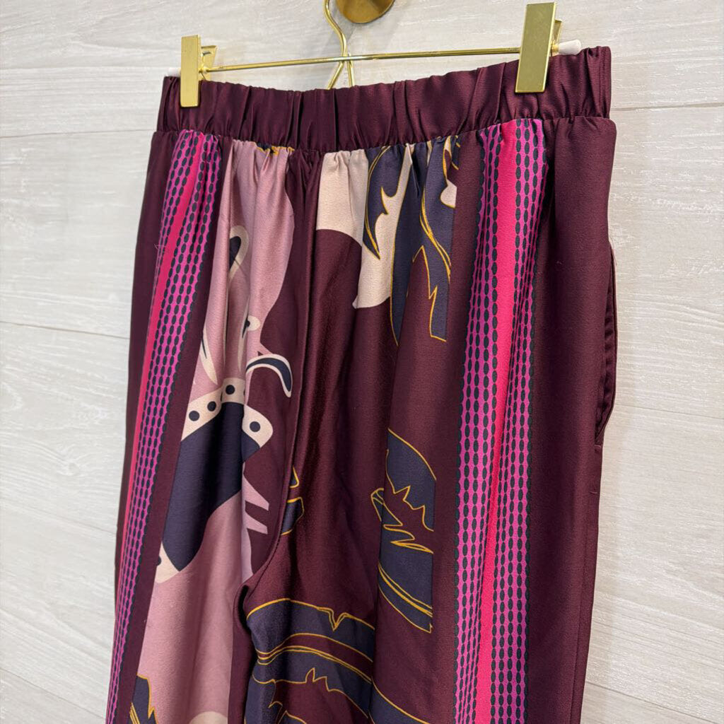 Nine West Purple/ Multi Print Silky Wide Leg Pull On Pants Small