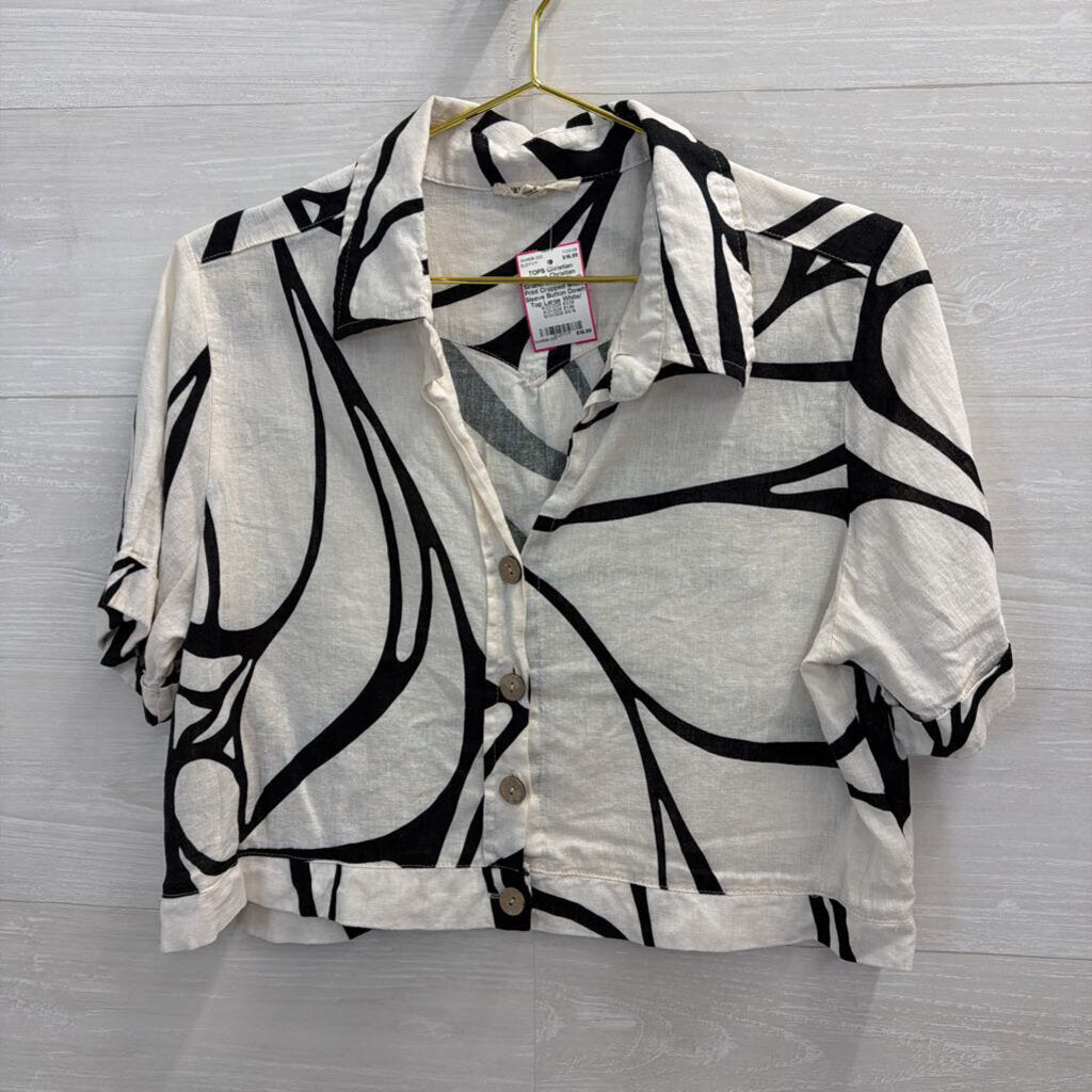 Christian Siriano White/ Black Print Cropped Short Sleeve Button Down Top Large