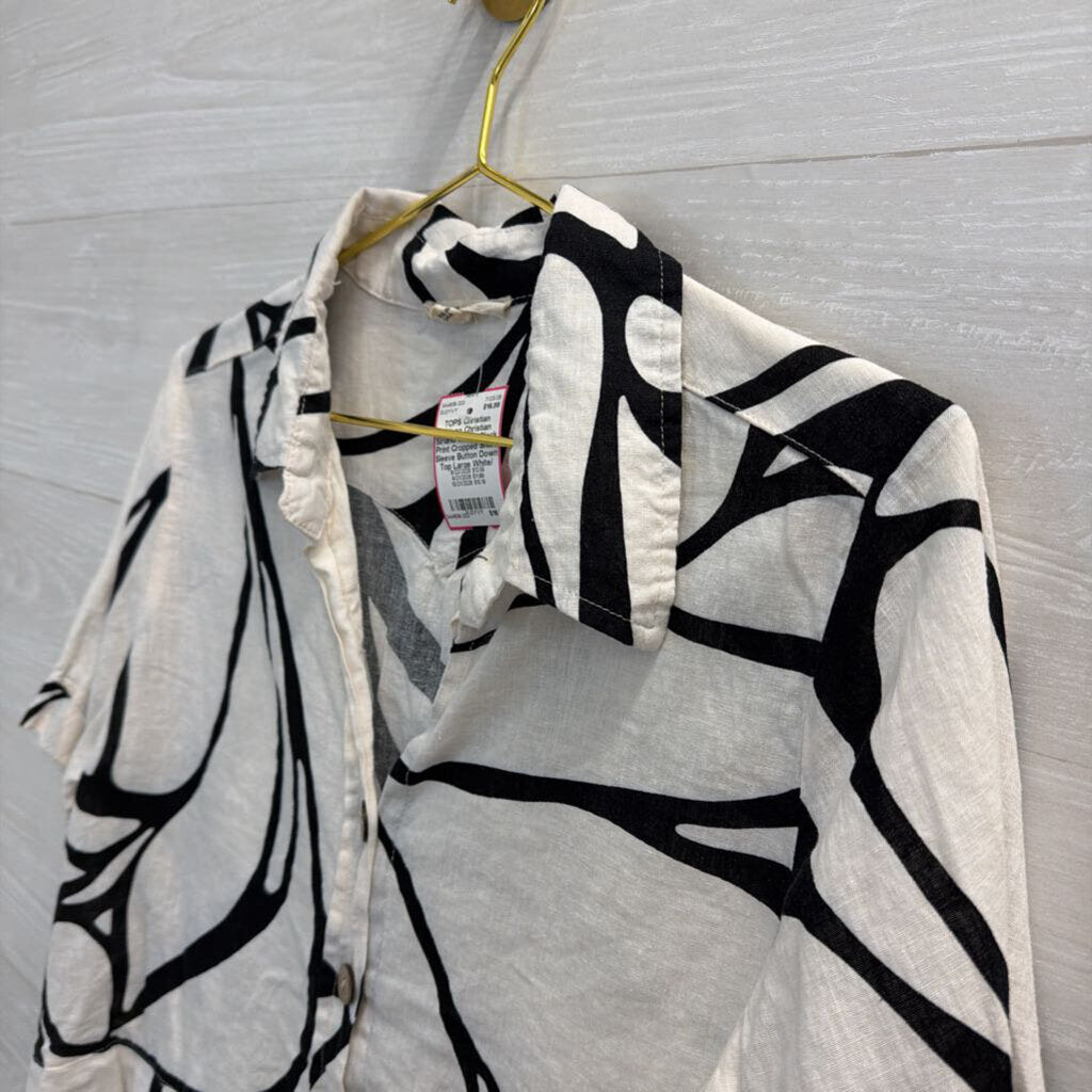 Christian Siriano White/ Black Print Cropped Short Sleeve Button Down Top Large