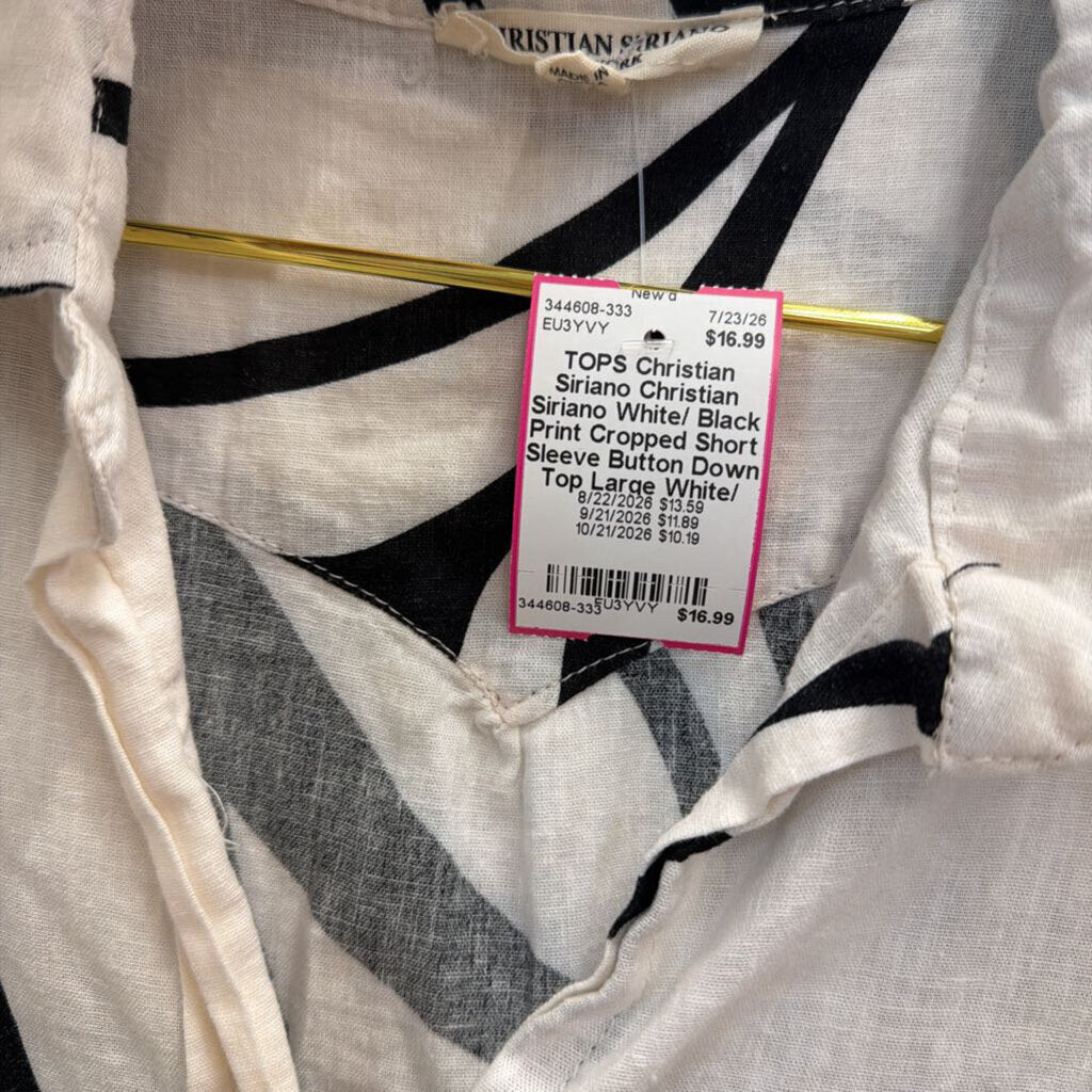 Christian Siriano White/ Black Print Cropped Short Sleeve Button Down Top Large