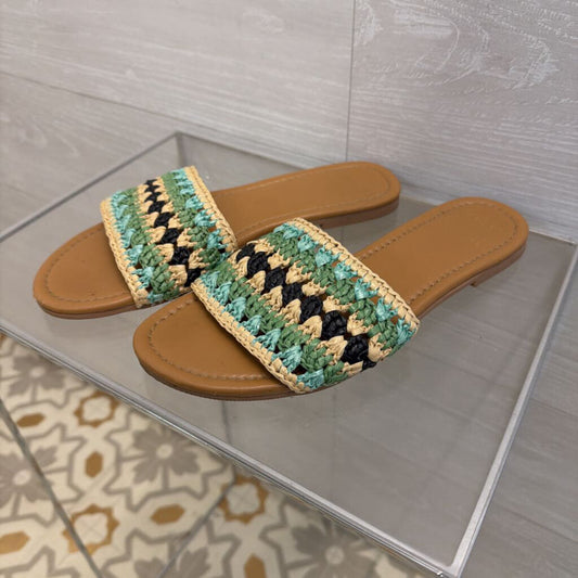 Haute Hippie Blue/ Beige Raffia Band Slide Sandals 8.5