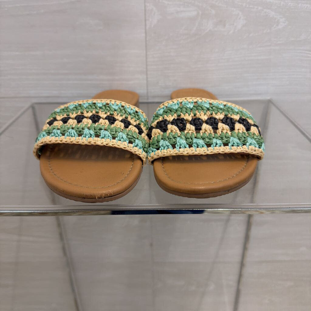 Haute Hippie Blue/ Beige Raffia Band Slide Sandals 8.5