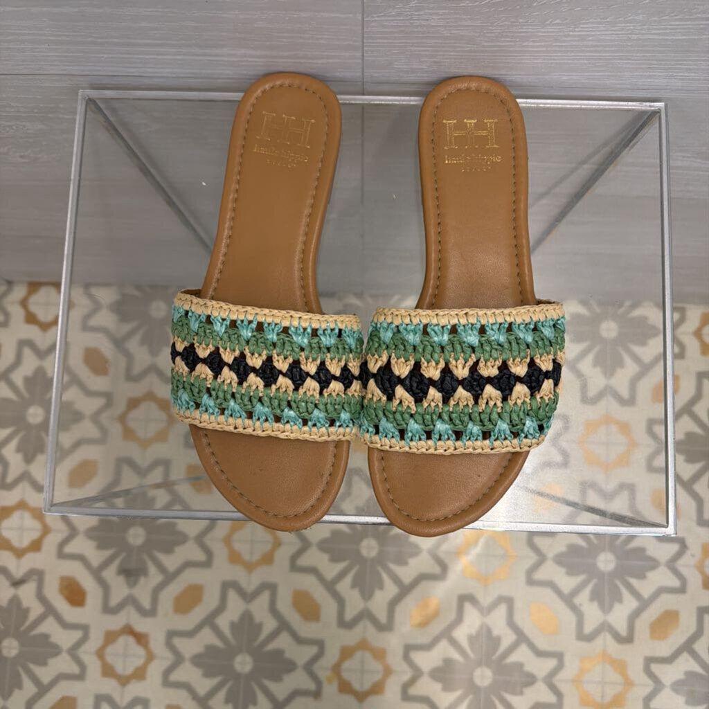 Haute Hippie Blue/ Beige Raffia Band Slide Sandals 8.5