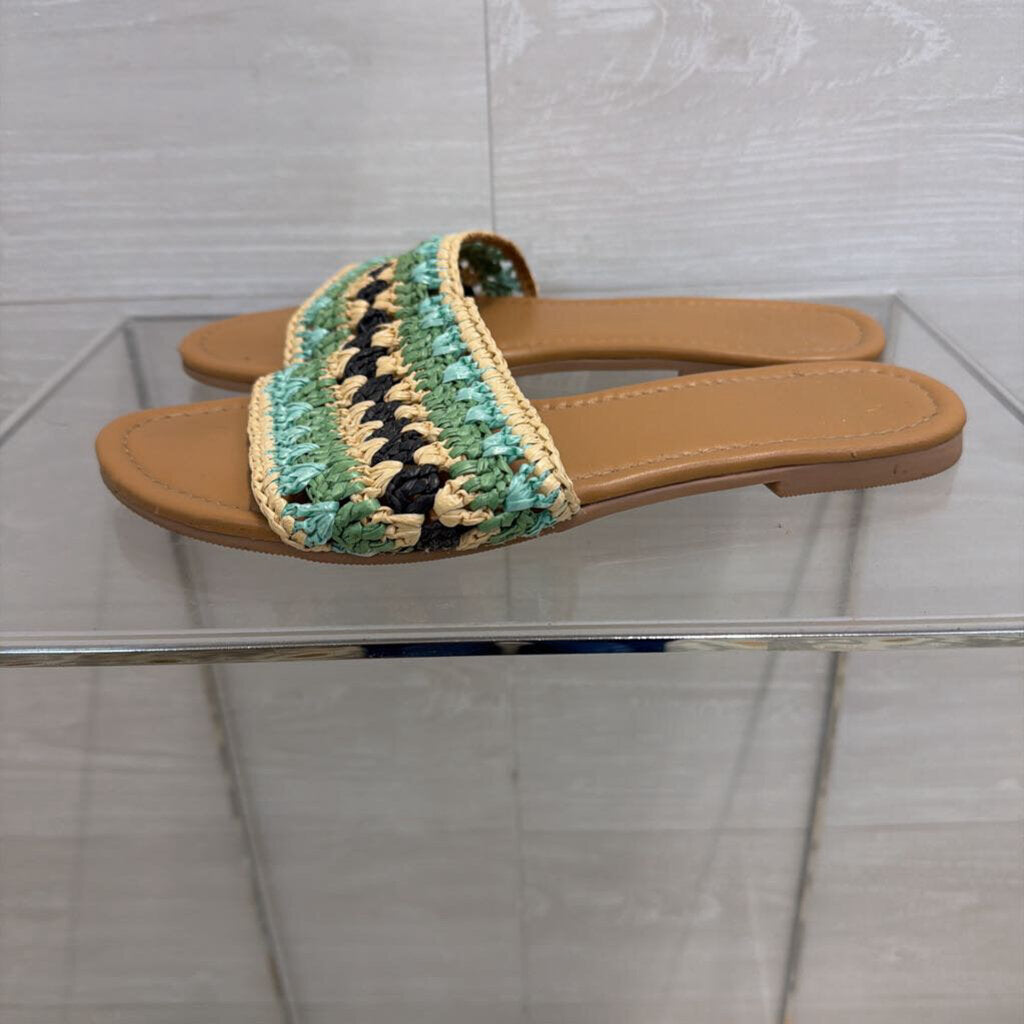 Haute Hippie Blue/ Beige Raffia Band Slide Sandals 8.5
