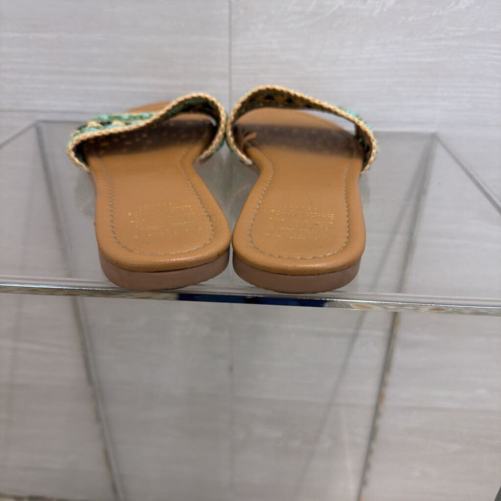 Haute Hippie Blue/ Beige Raffia Band Slide Sandals 8.5