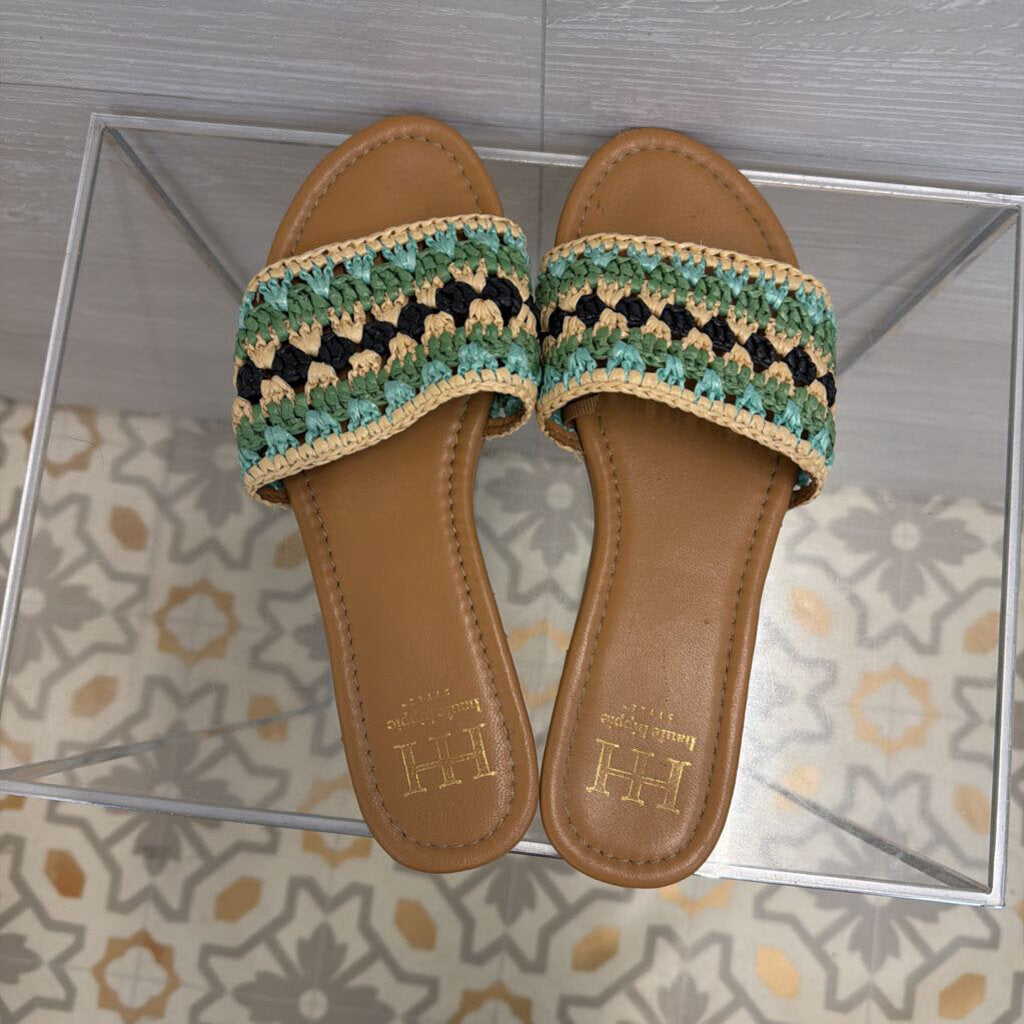 Haute Hippie Blue/ Beige Raffia Band Slide Sandals 8.5